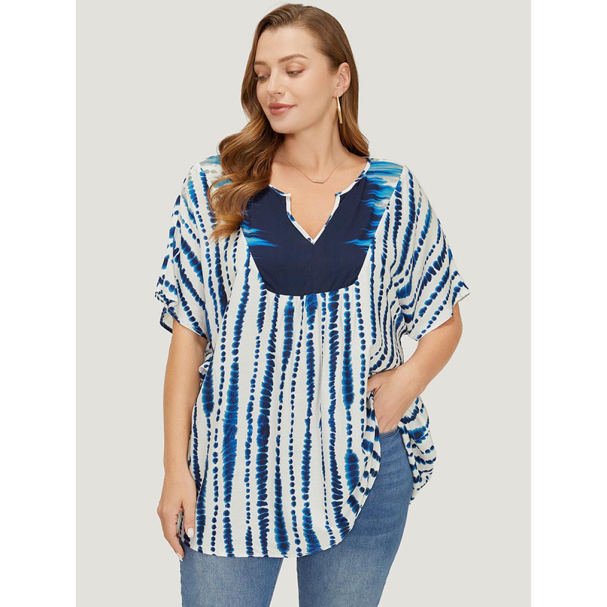 Plus Size Multicolor Tie Dye Patchwork Batwing Sleeve Notched Neck Blouse Women Vacation Short sleeve Notched collar Dailywear Blouses BloomChic 14-16/1X Product Image