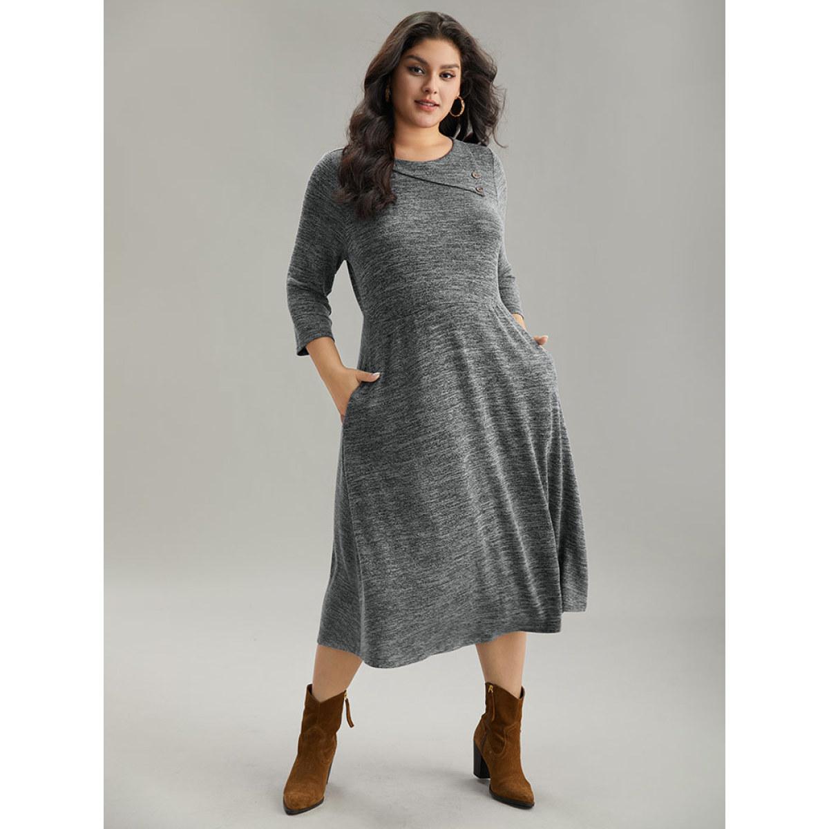 Plus Size Solid Heather Button Detail Pocket Gathered Dress Black Women Work From Home Plain Round Neck Elbow-length sleeve Curvy Midi Dress BloomChic 12/L Product Image