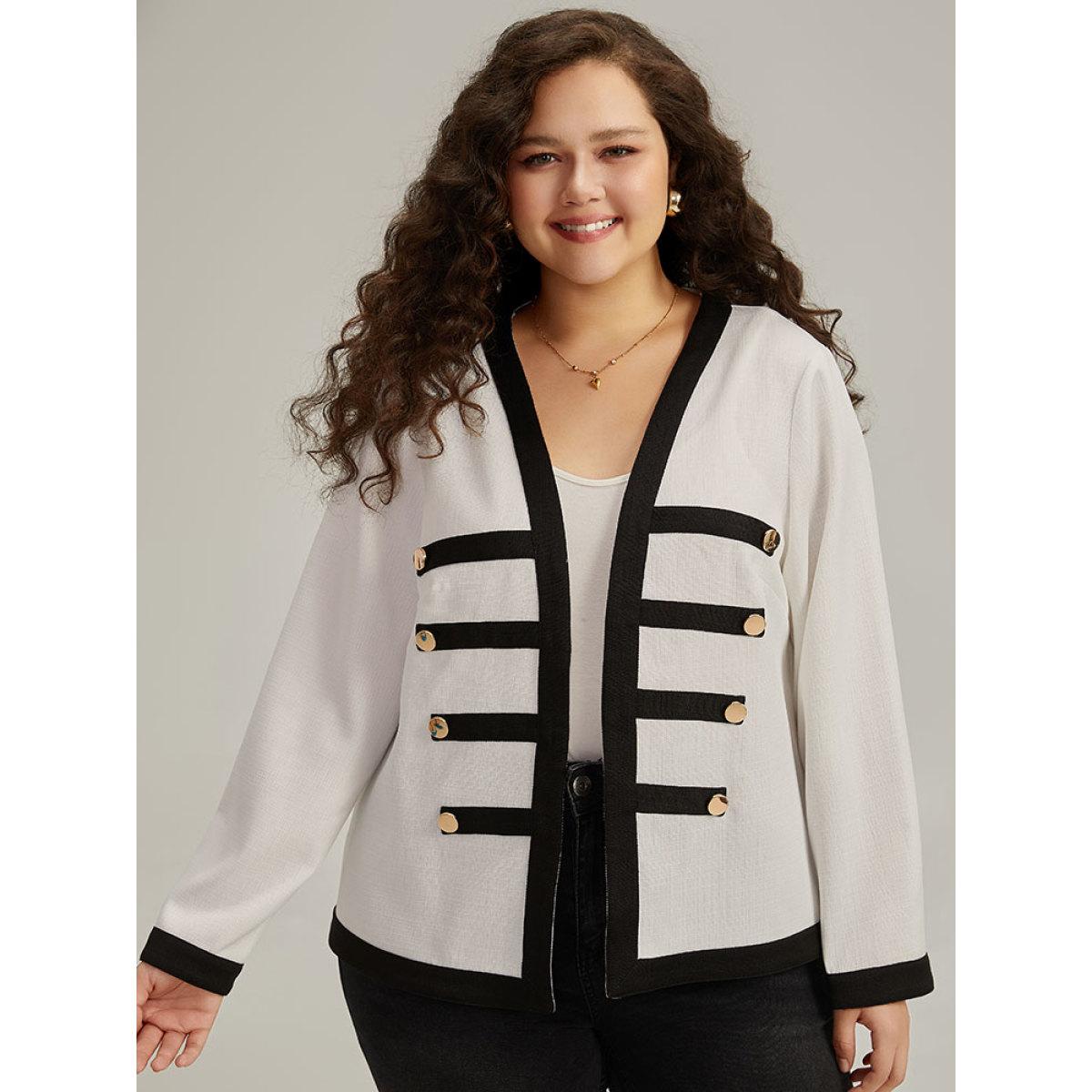 Plus Size Striped Patchwork Button Detail Contrast Jacket Women White Casual Contrast Ladies Dailywear Winter Coats BloomChic 14-16/1X Product Image