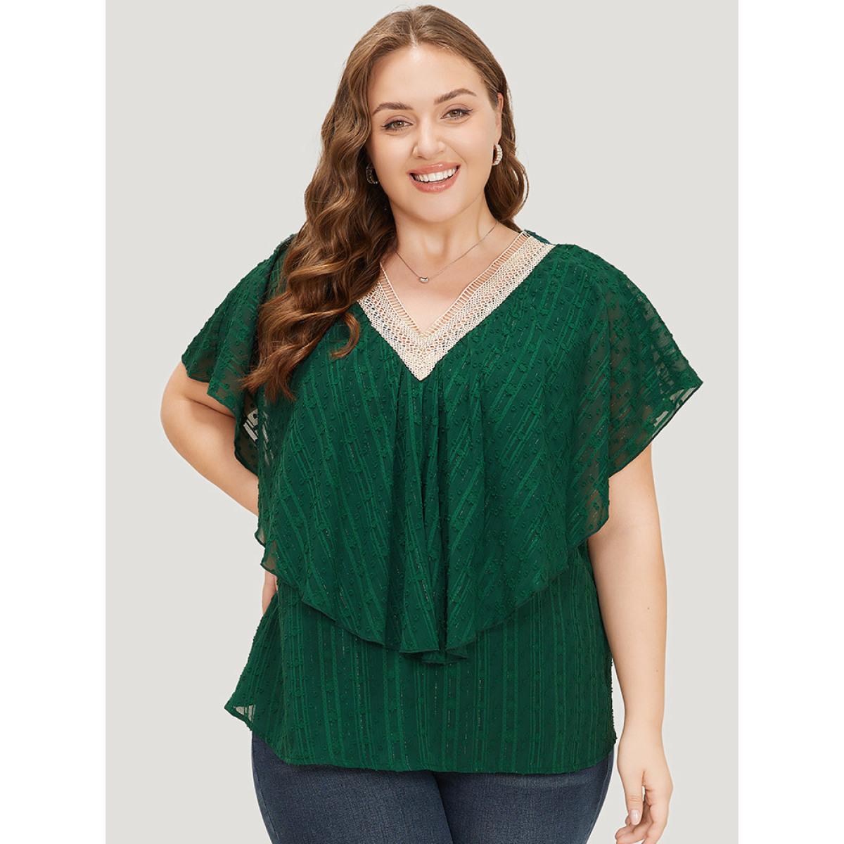 Plus Size DarkGreen Solid Textured Flutter Trim Contrast Lace Blouse Women Elegant Short sleeve V-neck Dailywear Blouses BloomChic 22-24/3X Product Image