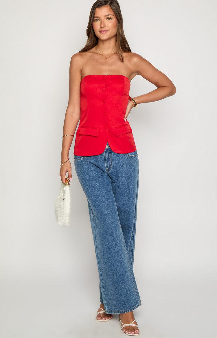 Dien Red Strapless Button Up Top Product Image
