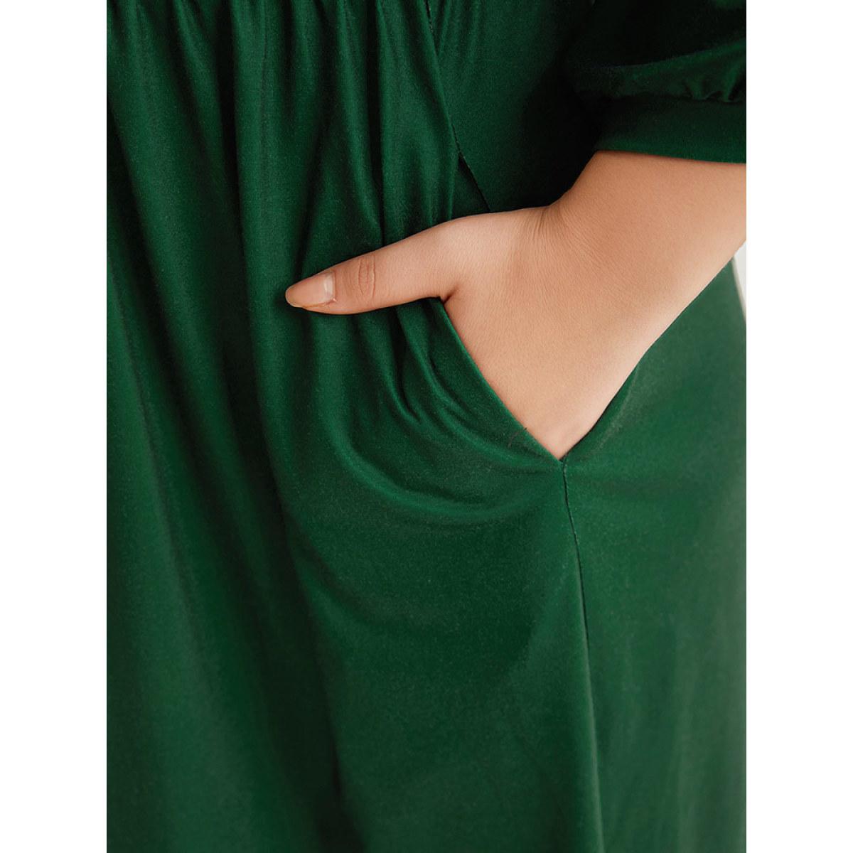 Plus Size Striped Contrast Pocket Bowknot Patchwork Dress DarkGreen Women Casual Cross straps Round Neck Elbow-length sleeve Curvy Midi Dress BloomChic 14-16/1X Product Image