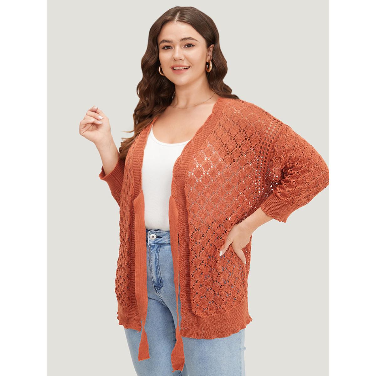 Plus Size Solid Hollow Out Ties Front Elastic Cuffs Cardigan Chocolate Women Casual Loose Elbow-length sleeve Dailywear Cardigans BloomChic 12/L Product Image