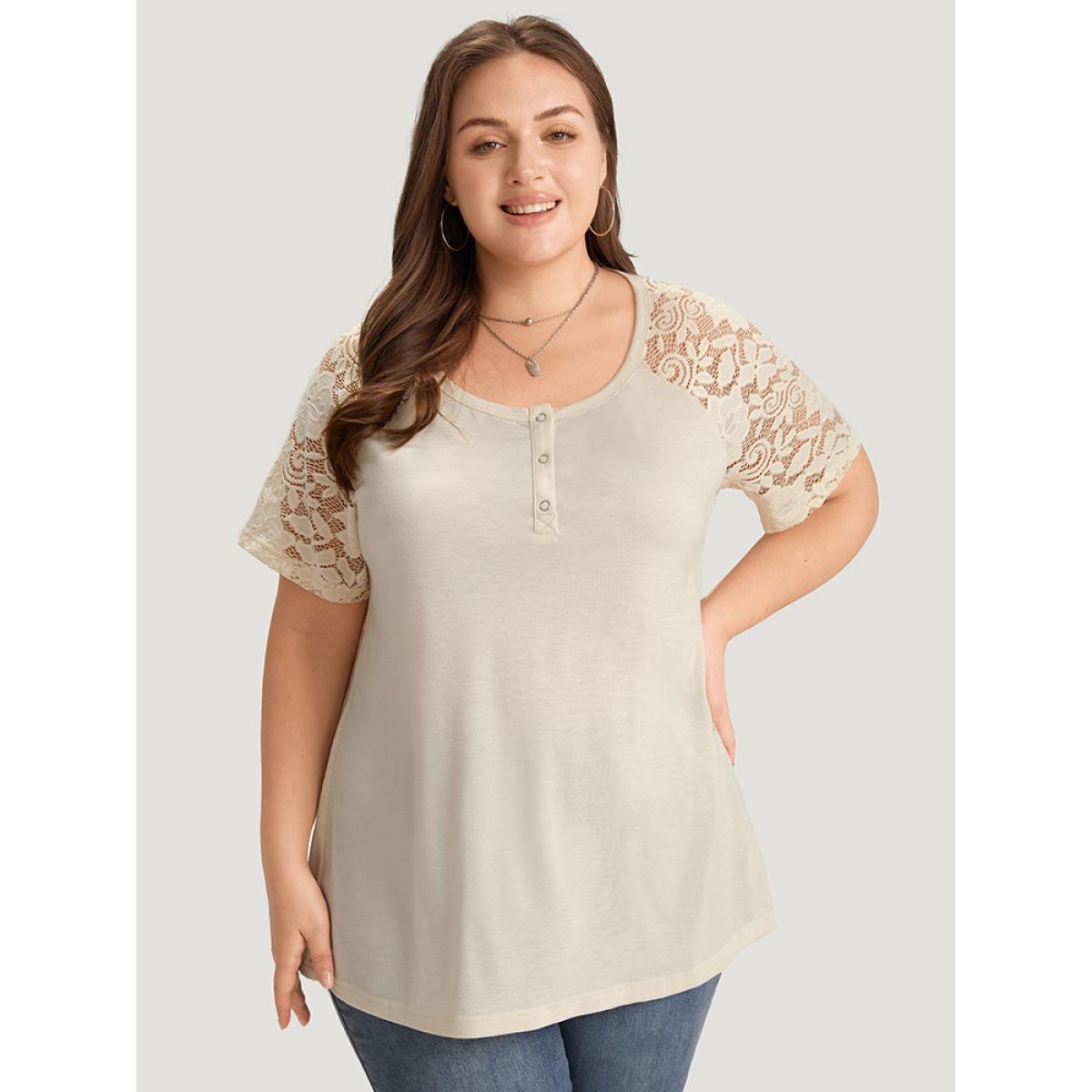 Plus Size Solid Raglan Sleeve Contrast Lace T-shirt Ivory Women Elegant Plain Round Neck Dailywear T-shirts BloomChic 28/5X Product Image
