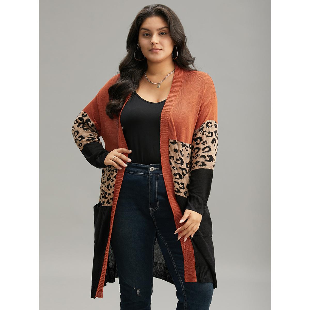 Plus Size Leopard Colorblock Patchwork Patched Pocket Cardigan Multicolor Women Casual Loose Long Sleeve Dailywear Cardigans BloomChic 28/5X Product Image
