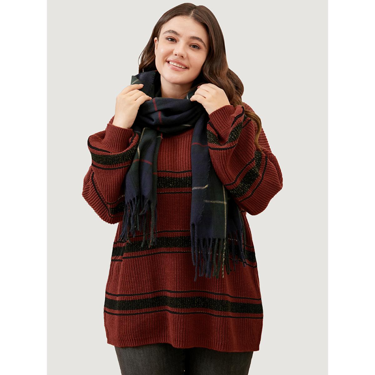 Plus Size Striped Contrast Pointelle Knit Lantern Sleeve Round Neck Knit Top Scarlet Women Casual Loose Long Sleeve Round Neck Dailywear Pullovers BloomChic 18-20/2X Product Image