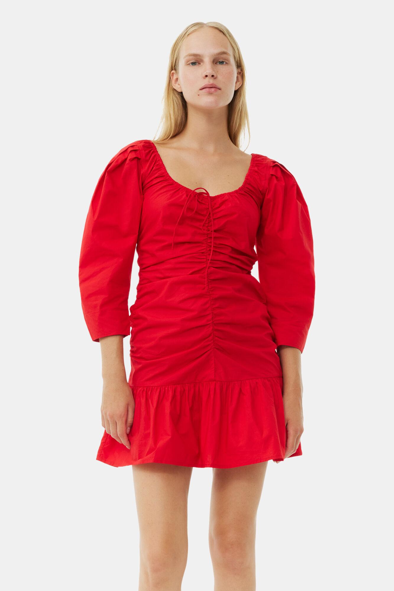 Red Cotton Poplin Gathered U-neck Mini Dress Product Image