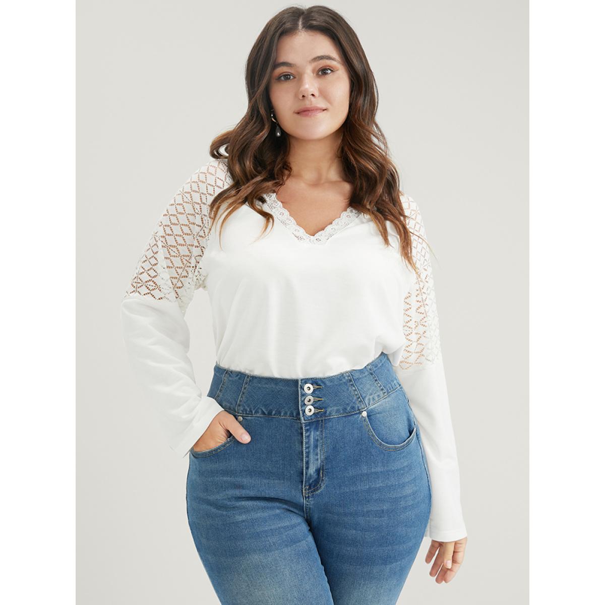 Plus Size Solid Contrast Lace	V Neck Long Tee White Women Elegant Patchwork Plain V-neck Dailywear T-shirts BloomChic 30/6X Product Image