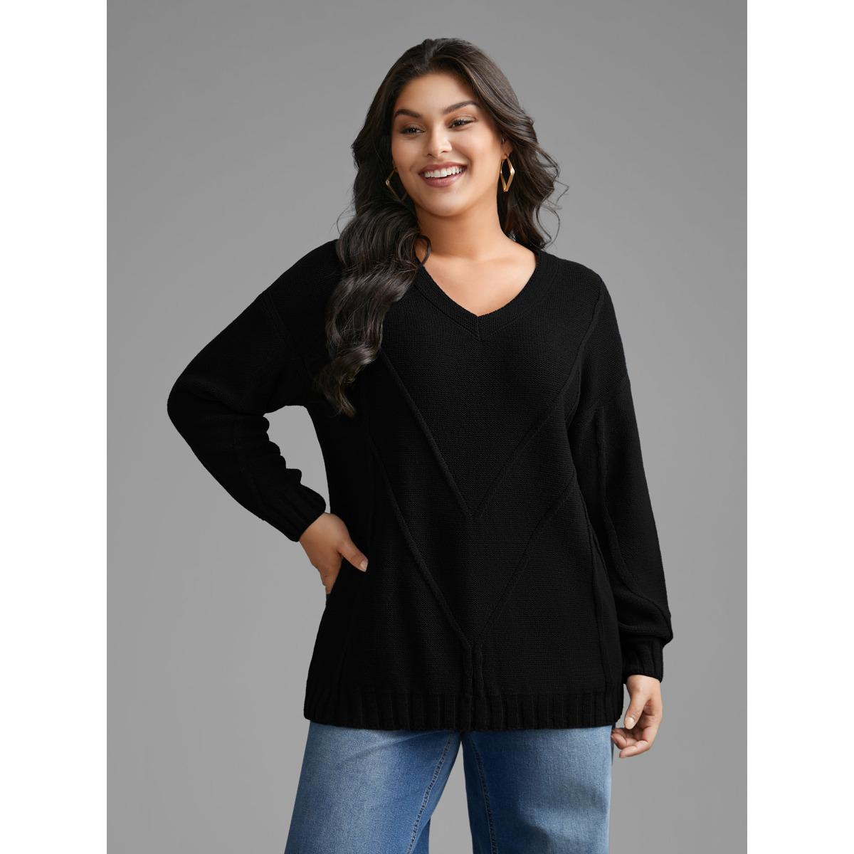 Plus Size V Neck Cable Knit Texture Pullover Black Women Casual Loose Long Sleeve V-neck Everyday Pullovers BloomChic 18-20/2X Product Image