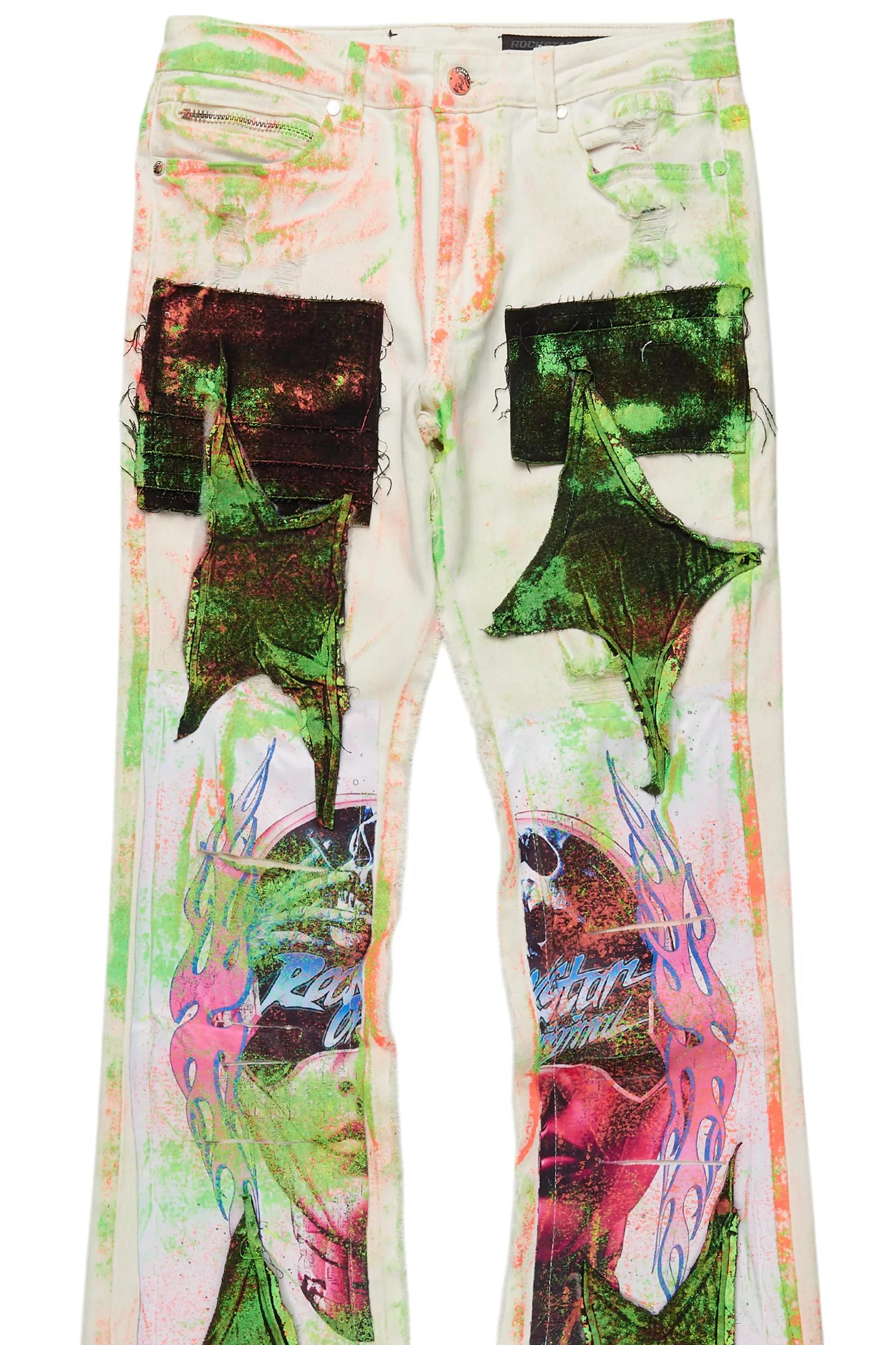 Helki Beige/Green Roller Paint Stacked Flare Jean Male Product Image