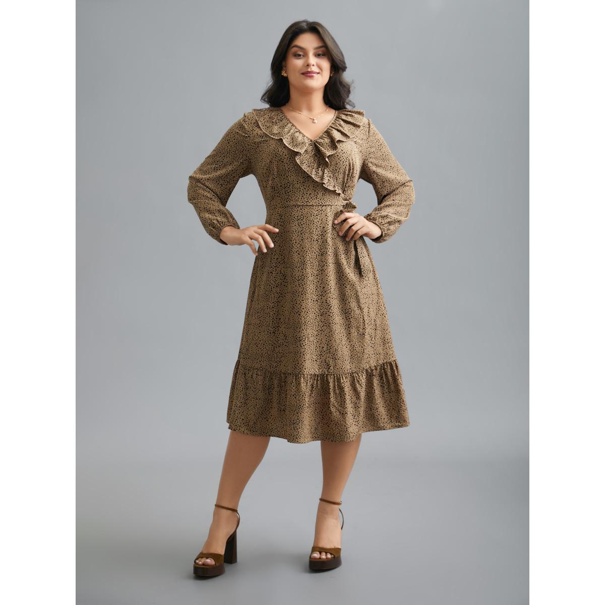 Plus Size Ruffled Neck Stretchy Waist Tiered Midi Dress Tan Women Elegant Tie knot Overlap Collar Long Sleeve Curvy BloomChic 22-24/3X Product Image