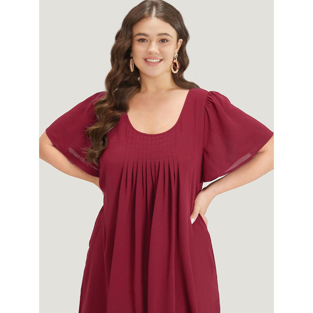 Plus Size Plain Plicated Detail Round Neck Ruffle Sleeve Dress Scarlet Women Casual Plain Round Neck Short sleeve Curvy Midi Dress BloomChic 18-20/2X Product Image