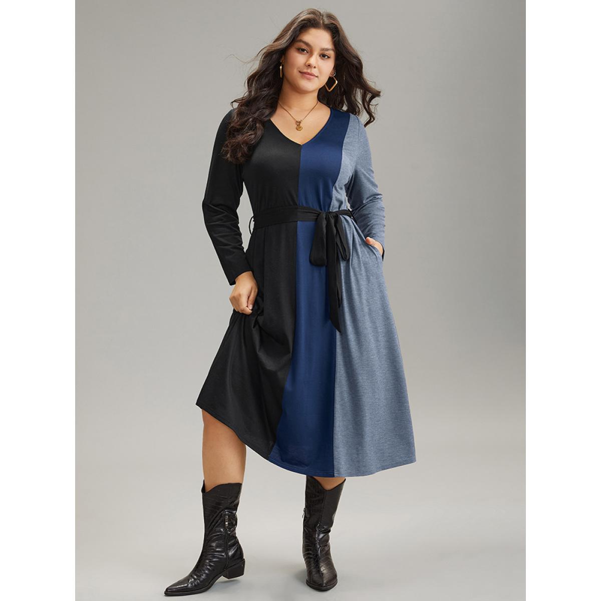 Plus Size Colorblock Patchwork Belted Pocket Long Sleeve Dress DarkBlue Women Casual Belted V-neck Long Sleeve Curvy Midi Dress BloomChic 30/6X Product Image