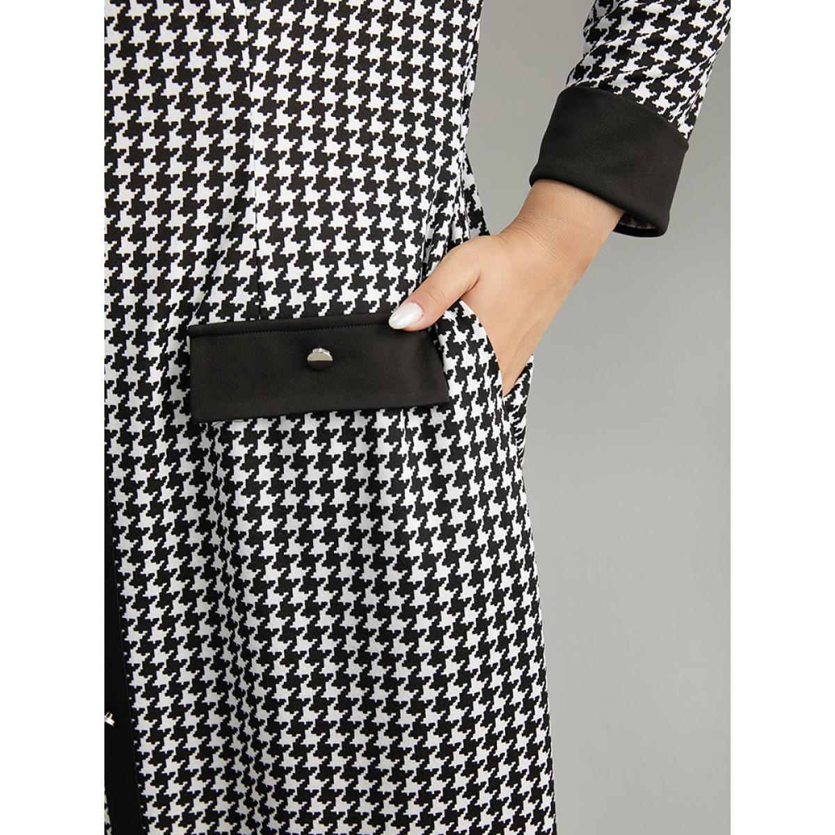 Plus Size :Houndstooth Pocket Button Detail Dress Black Women Office Contrast Round Neck Long Sleeve Curvy Midi Dress BloomChic 30/6X Product Image