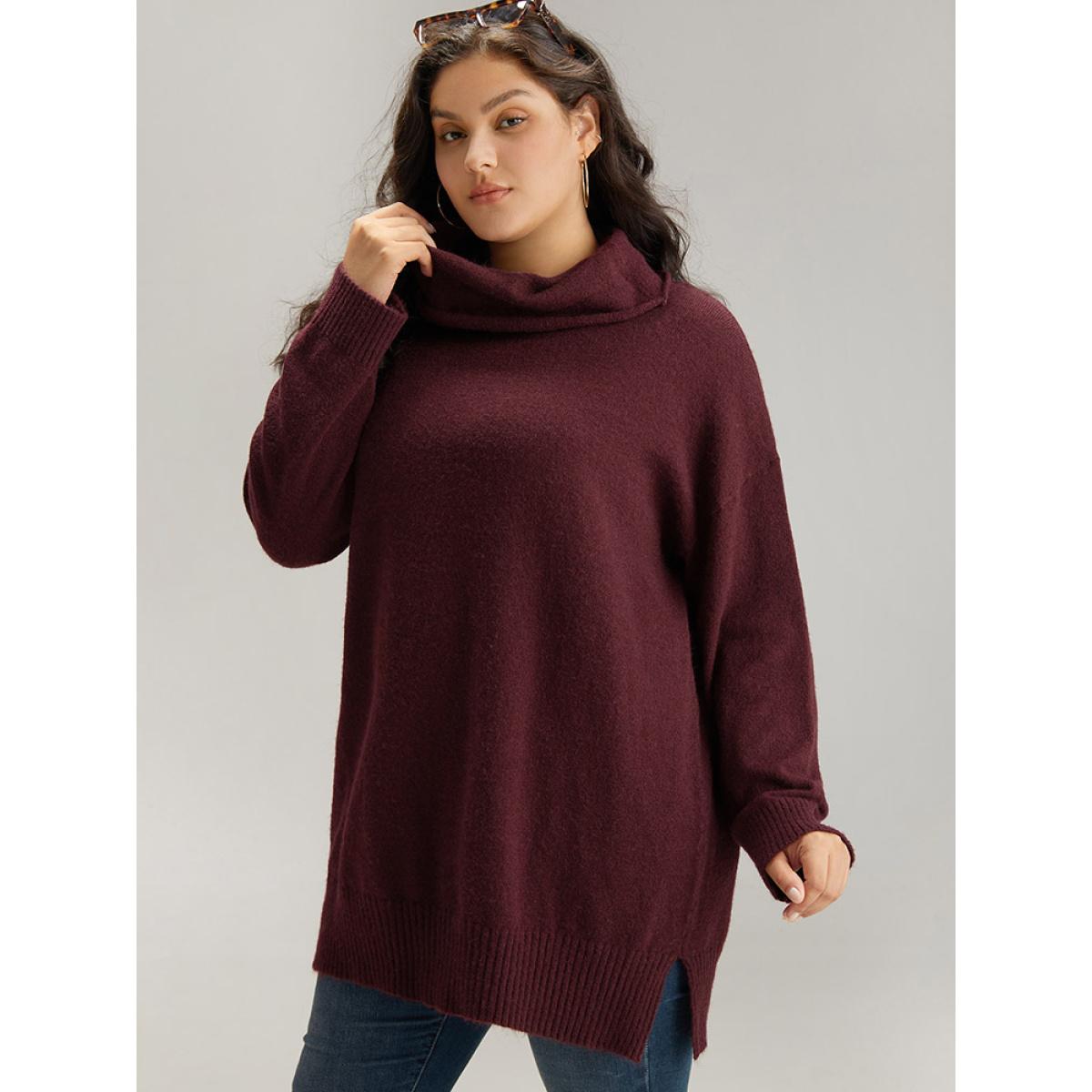 Plus Size Anti-Pilling Split Side Turtle Neck Pullover Burgundy Women Casual Loose Long Sleeve Lapel Collar Everyday Pullovers BloomChic 28/5X Product Image