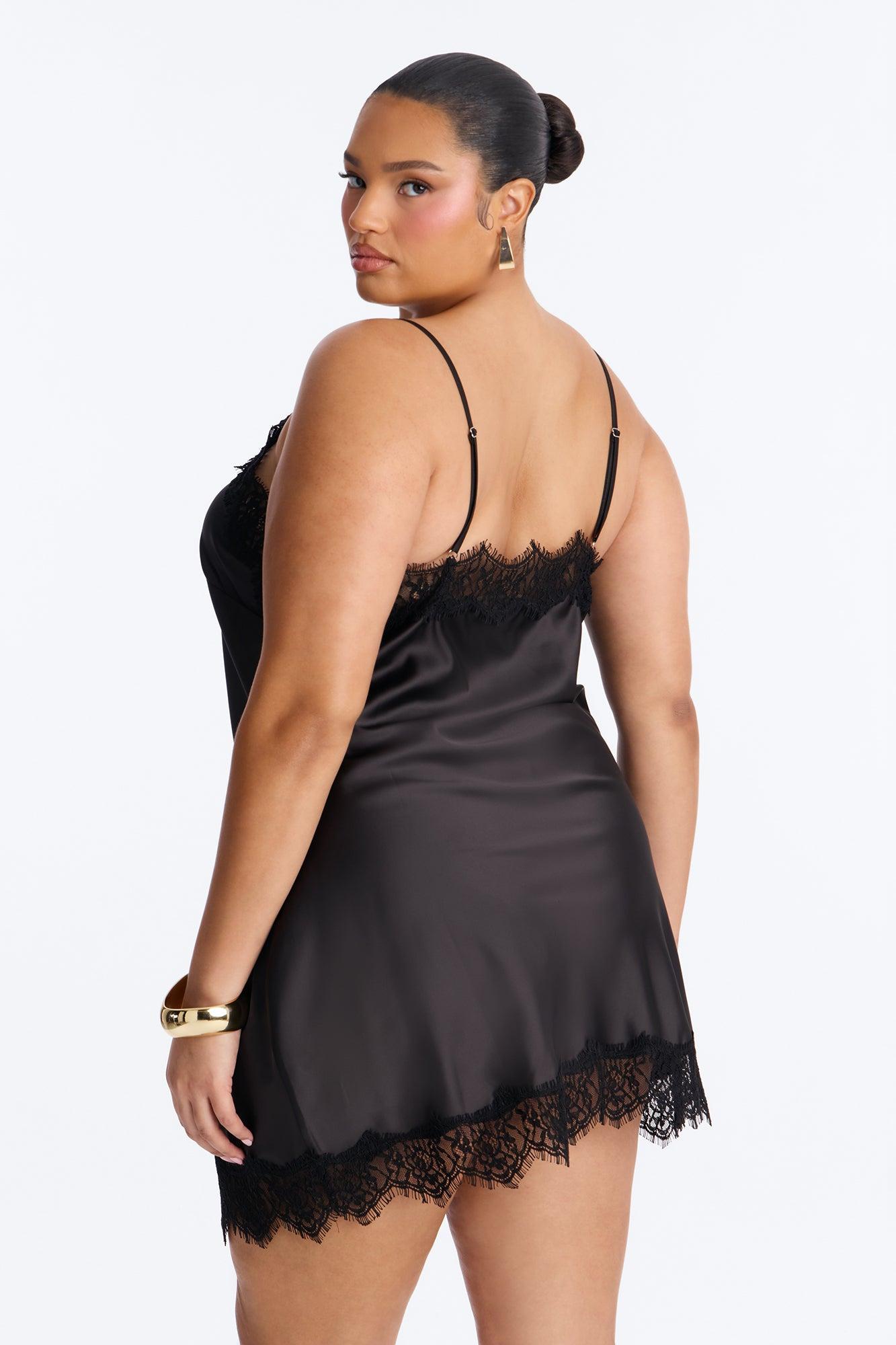 Anastasia Lace Trim Stretch Satin Mini Dress - Black Female Product Image