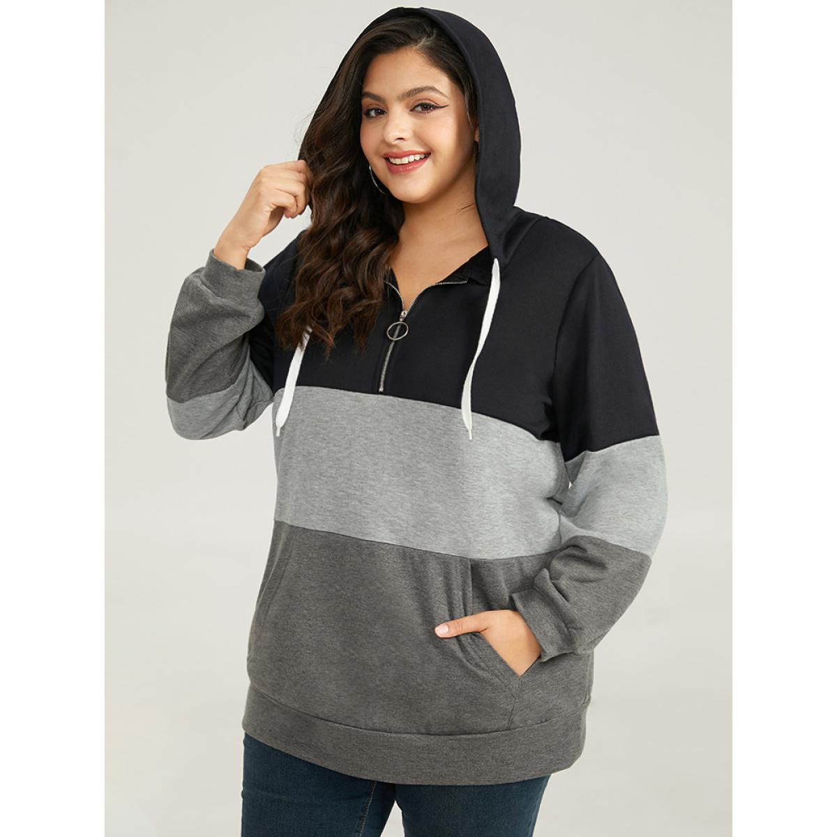 Plus Size Colorblock Contrast Half Zip Hooded Sweatshirt Women DimGray Casual Elastic cuffs Hooded Dailywear Sweatshirts BloomChic 18-20/2X Product Image