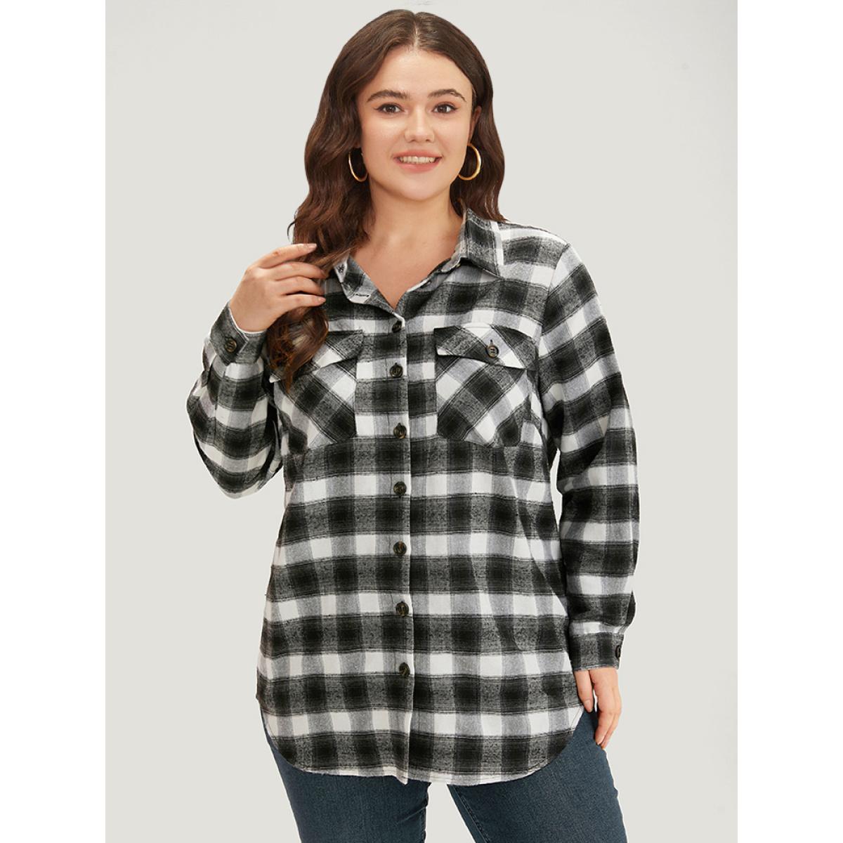 Plus Size Plaid Arc Hem Pocket Button Through Shirt Collar Coat Women Black Casual Arc Hem Ladies Dailywear Winter Coats BloomChic 14-16/1X Product Image