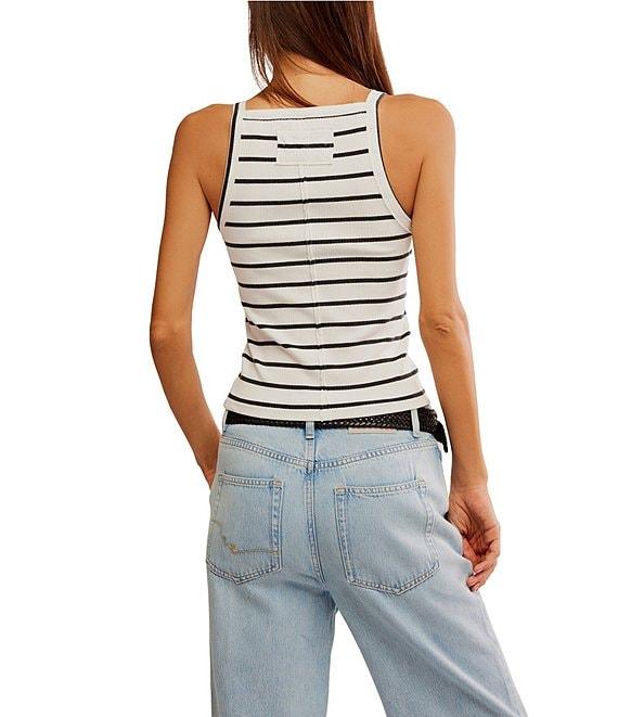 Free People Mia Striped Print Ribbed Knit High Square Neck Sleeveless Tank Product Image