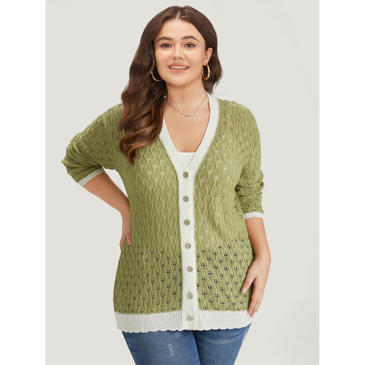 Plus Size Two Tone Patchwork Cut Out Button Down Cardigan Olive Women Casual Loose Long Sleeve Work Cardigans BloomChic 18-20/2X Product Image
