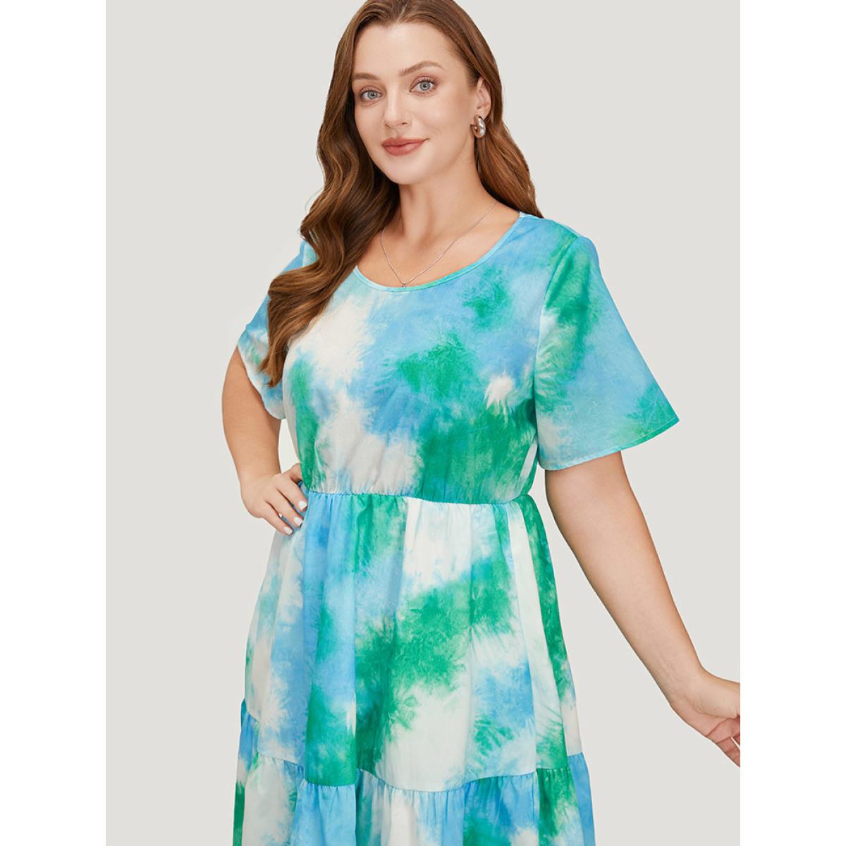 Plus Size Tie Dye Crew Neck Pocket Ruffle Tiered Dress Multicolor Women Vacation Tiered Round Neck Short sleeve Curvy Knee Dress BloomChic 14-16/1X Product Image