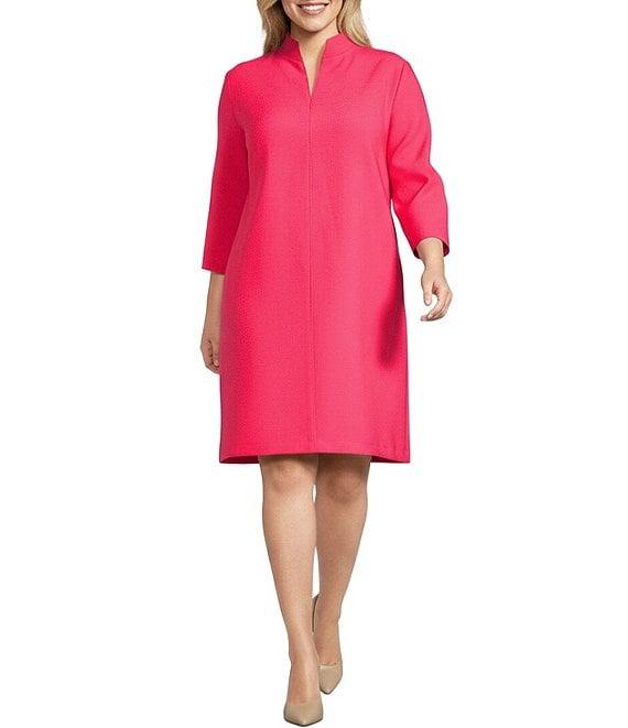 Caroline Rose Plus Taylor Crepe Split Mandarin Collar 3/4 Sleeve A-Line Dress Product Image