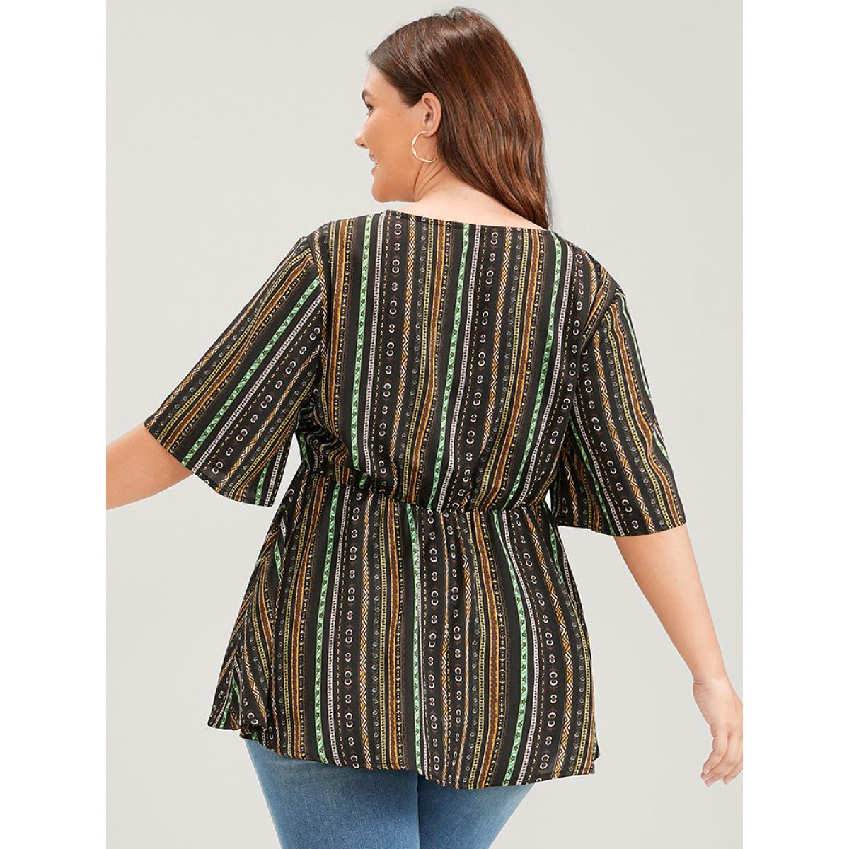 Plus Size Black Striped Elastic Waist Button Ruffles Wrap Blouse Women Elegant Short sleeve V-neck Dailywear Blouses BloomChic 12/L Product Image