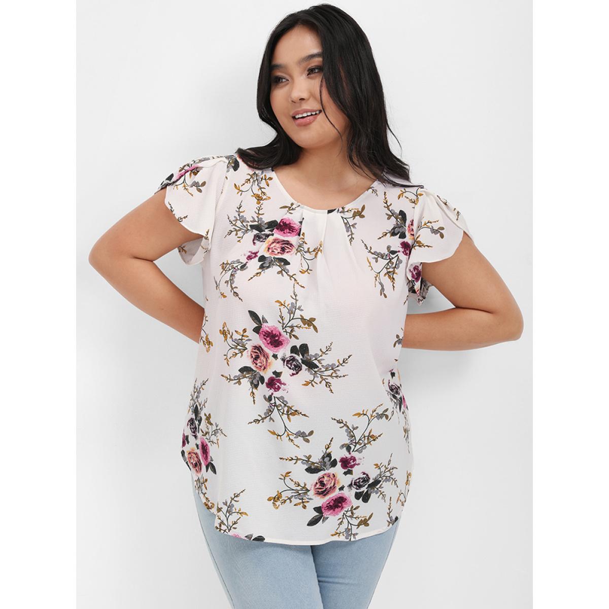 Plus Size White Floral Split Ruffled Button Round Neck Blouse Women Elegant Short sleeve Round Neck Dailywear Blouses BloomChic 20/2X Product Image