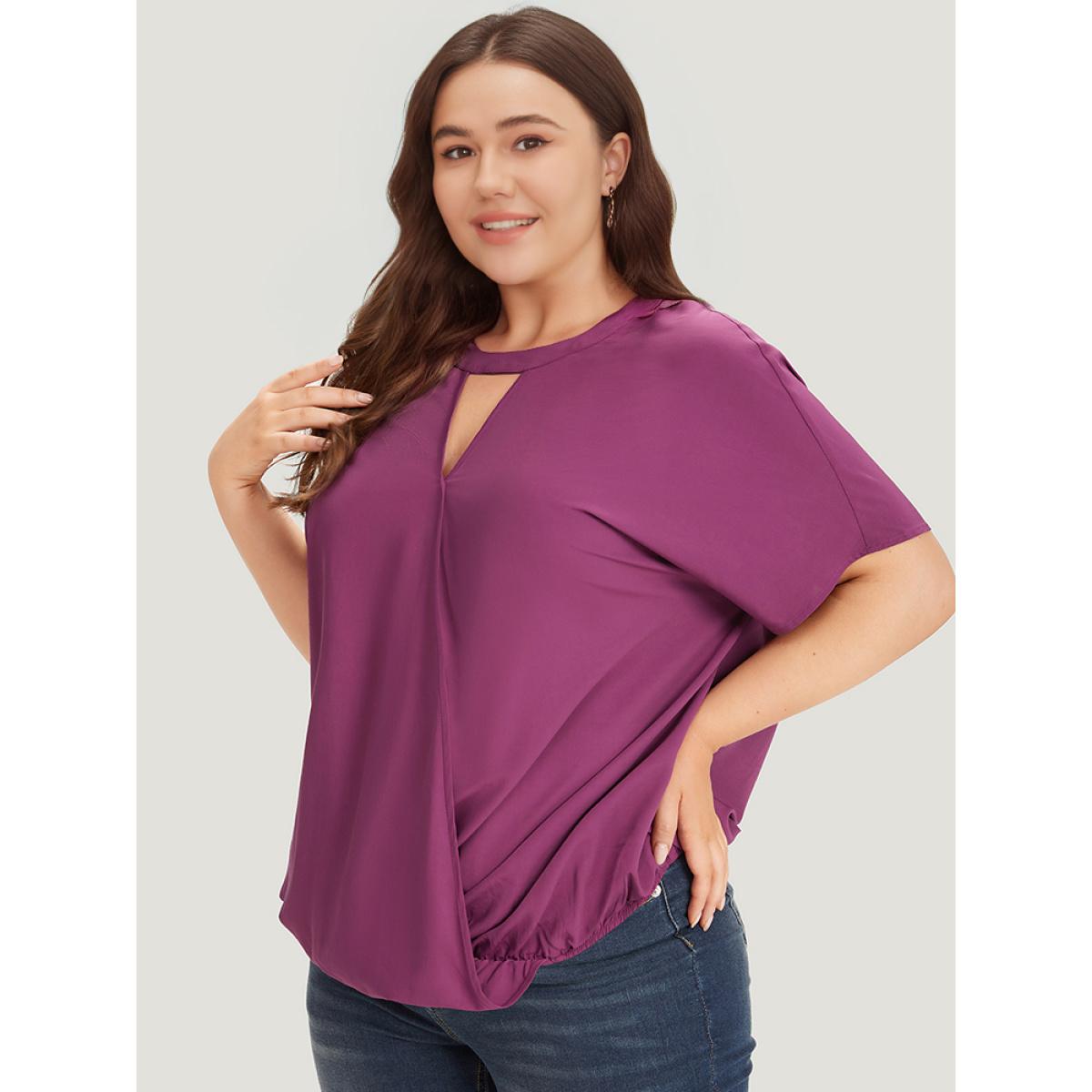 Plus Size Purple Solid Keyhole Gathered Dolman Sleeve Blouse Women Office Short sleeve V-neck Office Blouses BloomChic 14-16/1X Product Image