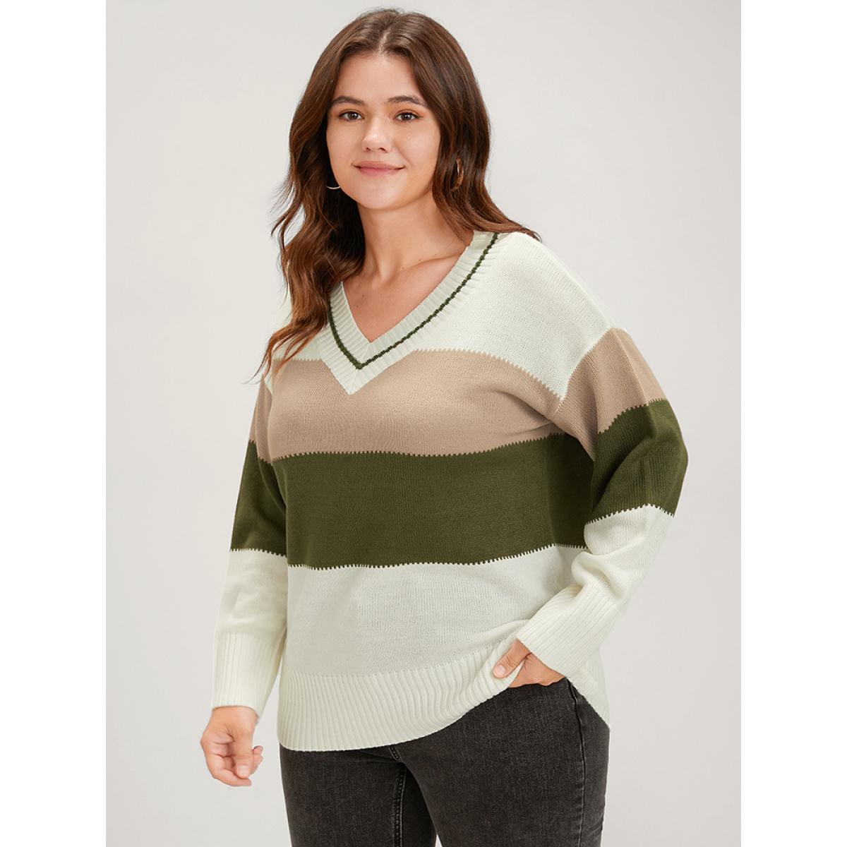 Plus Size Colorblock Contrast Pointelle Knit V Neck Knit Top Multicolor Women Casual Long Sleeve V-neck Dailywear Pullovers BloomChic 30/6X Product Image