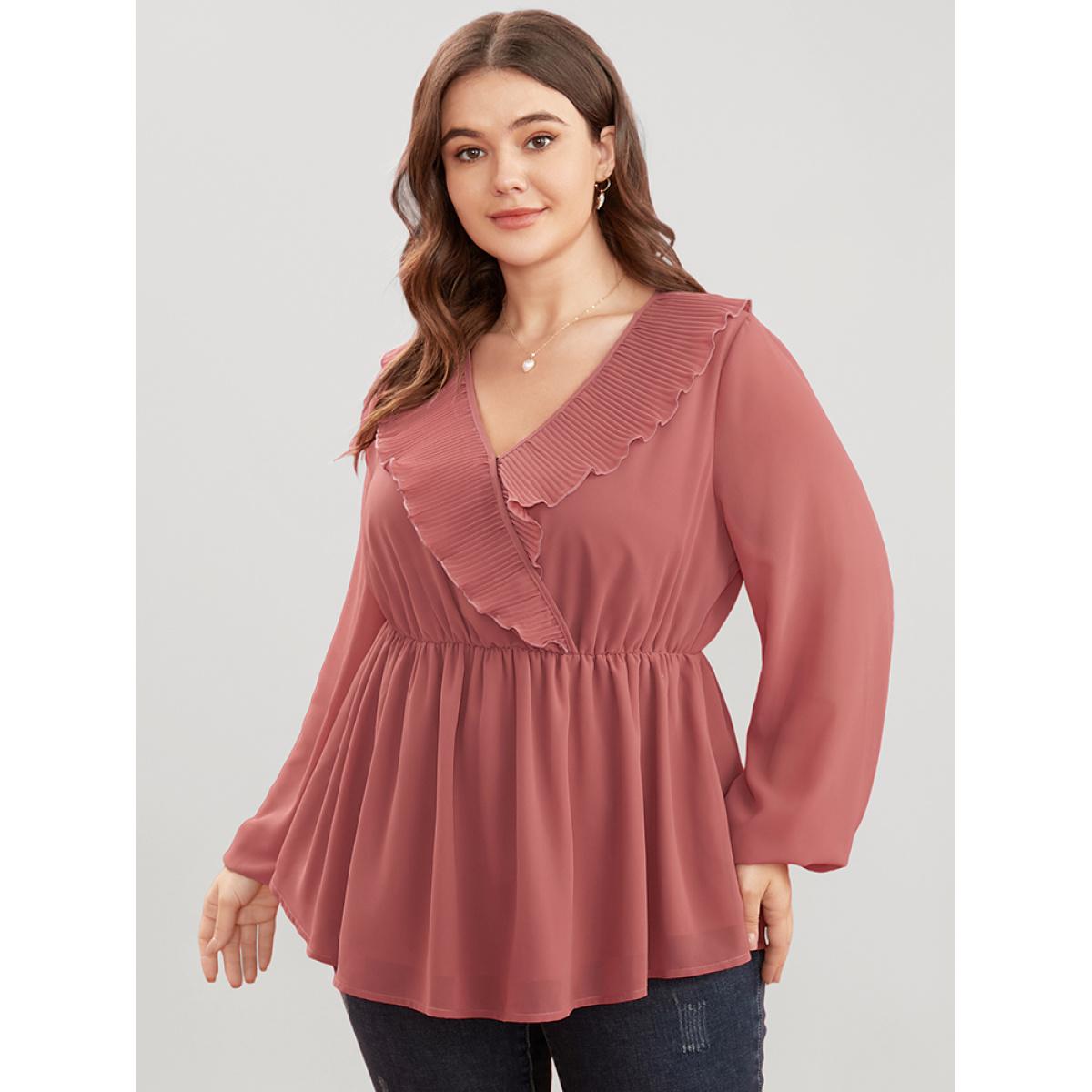 Plus Size DustyPink Solid Lantern Sleeve Pleated Ruffle Trim Wrap Blouse Women Elegant Long Sleeve V-neck Dailywear Blouses BloomChic 12/L Product Image