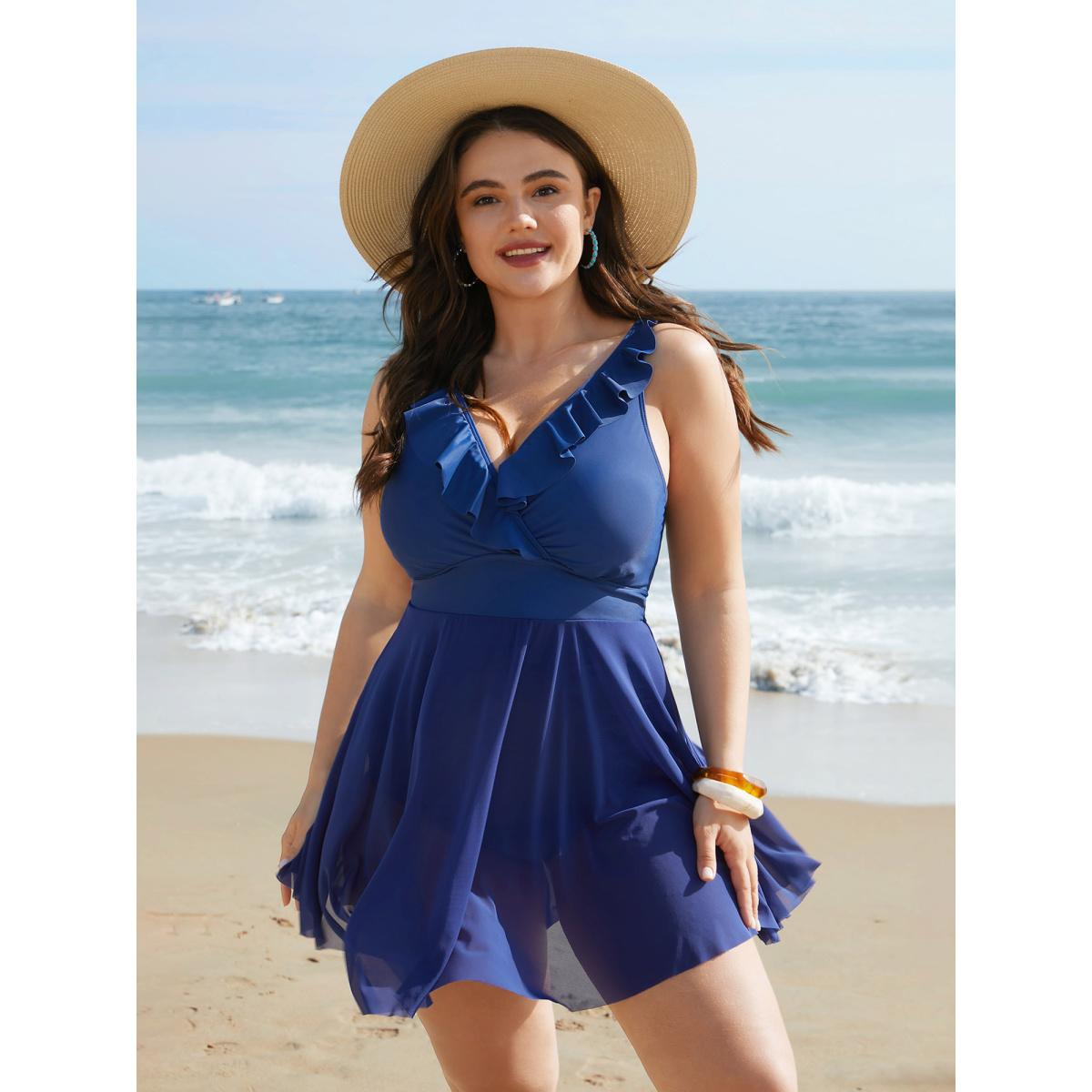 Plus Size Ruffle Trim Patchwork Mesh Swim Dress Women's Swimwear Mediumblue Beach Bodycon Overlap Collar High stretch Curve Swim Dresses BloomChic 12/L Product Image
