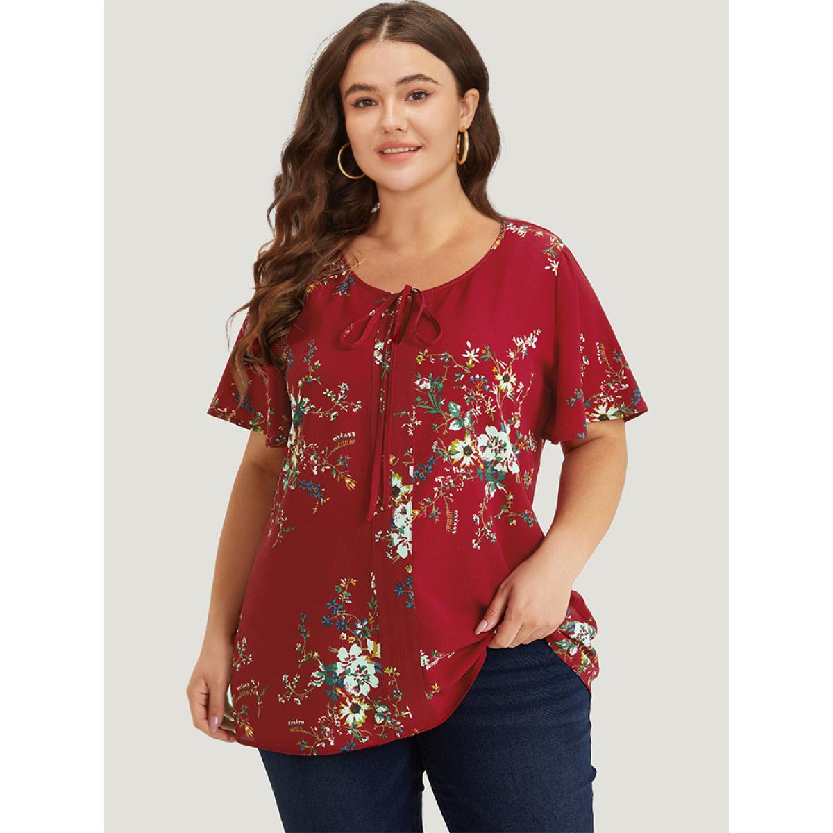 Plus Size Scarlet Floral Print Knot Neck Blouse Women Elegant Short sleeve Tie Neck Dailywear Blouses BloomChic 30/6X Product Image