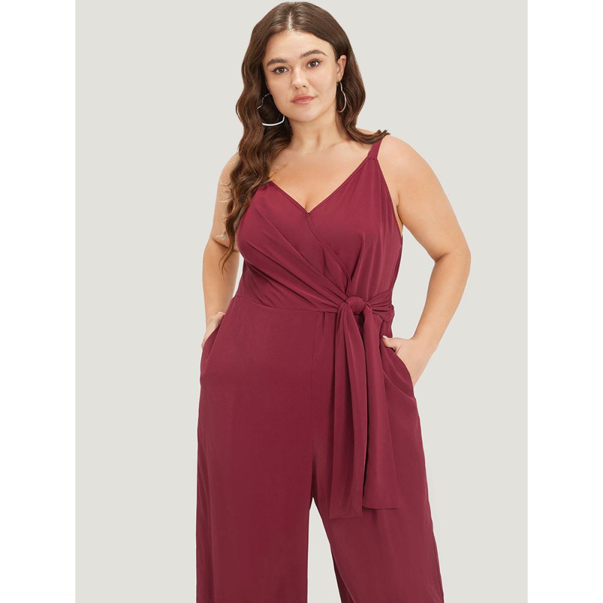 Plus Size Scarlet Plain Surplice Neck Twist Front Cami Jumpsuit Women Elegant Sleeveless Spaghetti Strap Dailywear Loose Jumpsuits BloomChic 30/6X Product Image