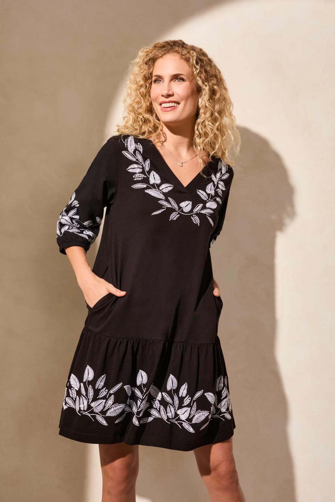 3/4 Sleeve V-Neck Embroidered Dress Product Image