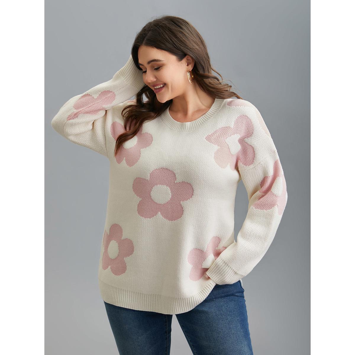 Plus Size Round Neck Floral Pattern Pullover Ivory Women Casual Loose Long Sleeve Round Neck Everyday Pullovers BloomChic 30/6X Product Image