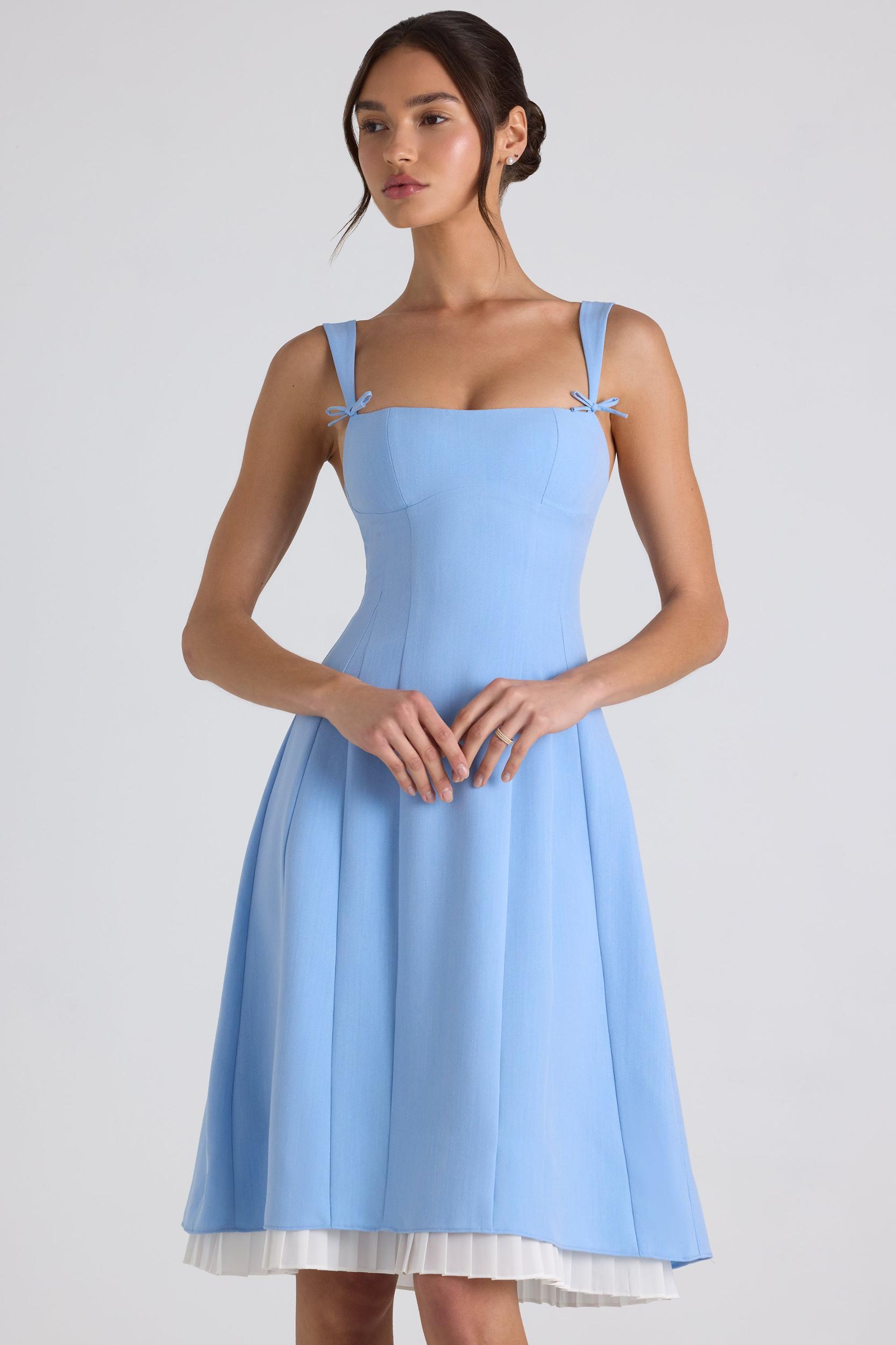 Bow-Detail Pleated A-Line Midi Dress in Sky Blue Product Image
