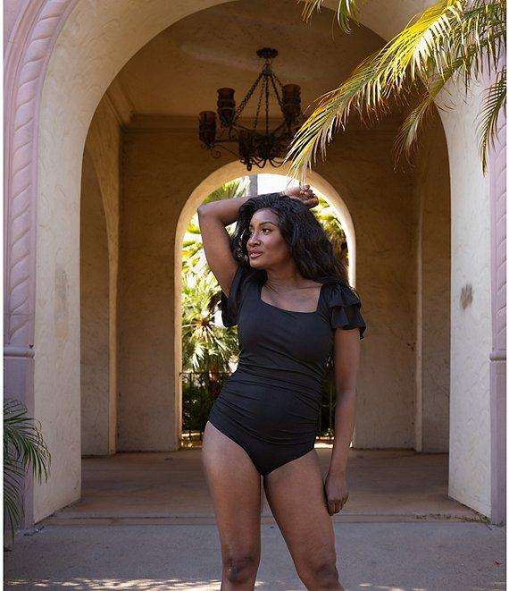 Janela Bay Black Ribbed Double Ruffle Sleeves Square Neck One Piece Swimsuit Product Image