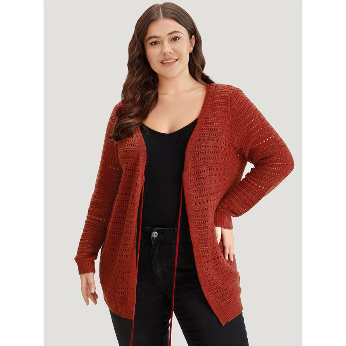 Plus Size Plain Ties Front Geometric Eyelet Cardigan Rust Women Casual Loose Long Sleeve Dailywear Cardigans BloomChic 28/5X Product Image