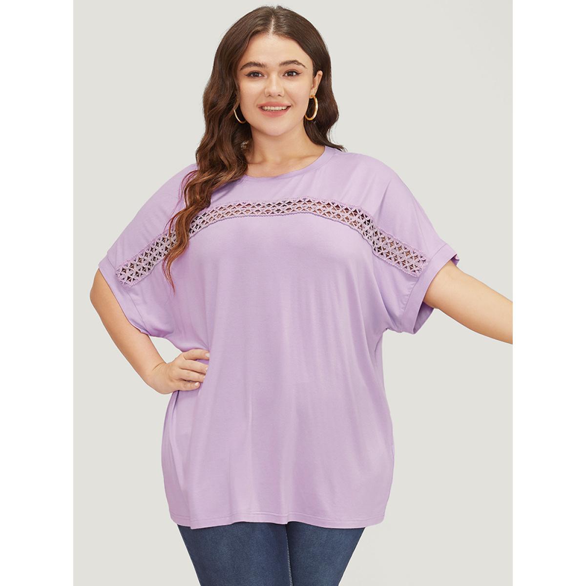 Plus Size Solid Batwing Sleeve Eyelet Lace T-shirt Lilac Women Elegant Lace Plain Round Neck Dailywear T-shirts BloomChic 22-24/3X Product Image