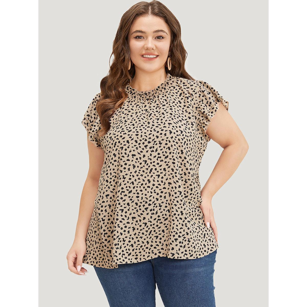 Plus Size Champagne Allover Print Mock Neck Ruffle Layered Sleeve Blouse Women Elegant Cap Sleeve Mock Neck Dailywear Blouses BloomChic 14-16/1X Product Image