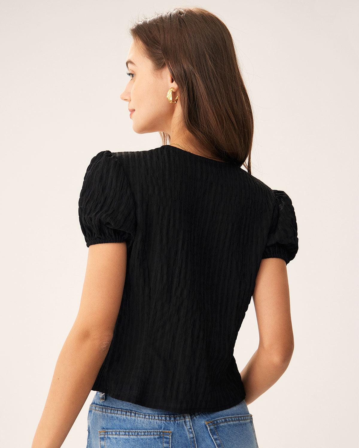 Black Jacquard Lace Button Blouse Product Image