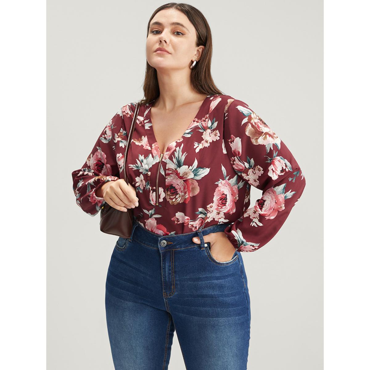 Plus Size Burgundy Floral Lantern Sleeve Zipper V Neck Blouse Women Elegant Long Sleeve V-neck Dailywear Blouses BloomChic 18-20/2X Product Image