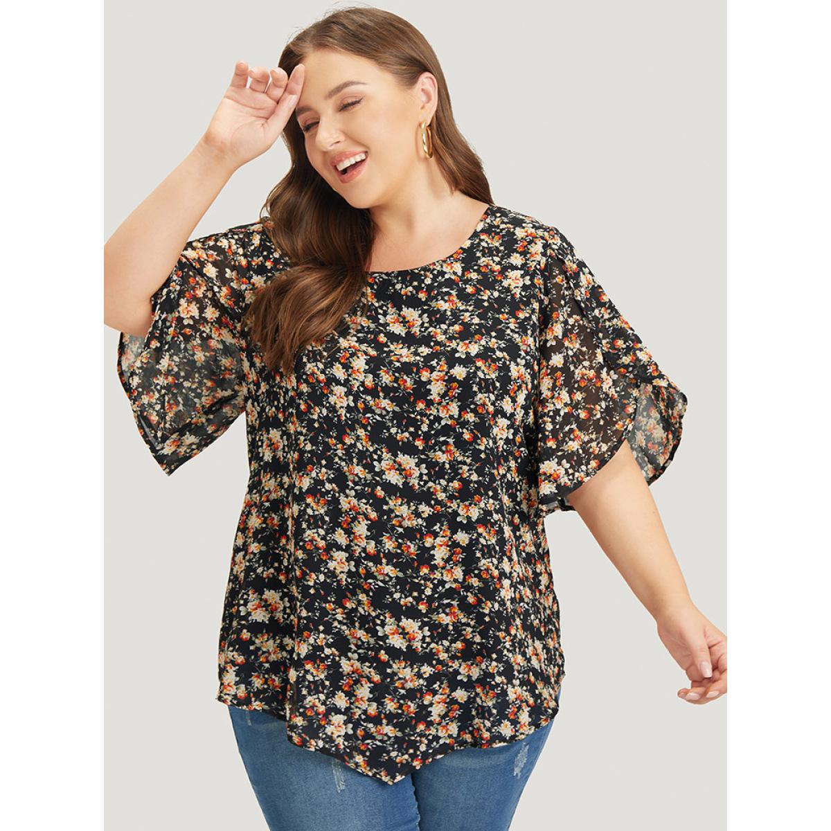 Plus Size Black Ditsy Floral Split Petal Sleeve Crew Neck Blouse Women Elegant Short sleeve Round Neck Dailywear Blouses BloomChic 14-16/1X Product Image