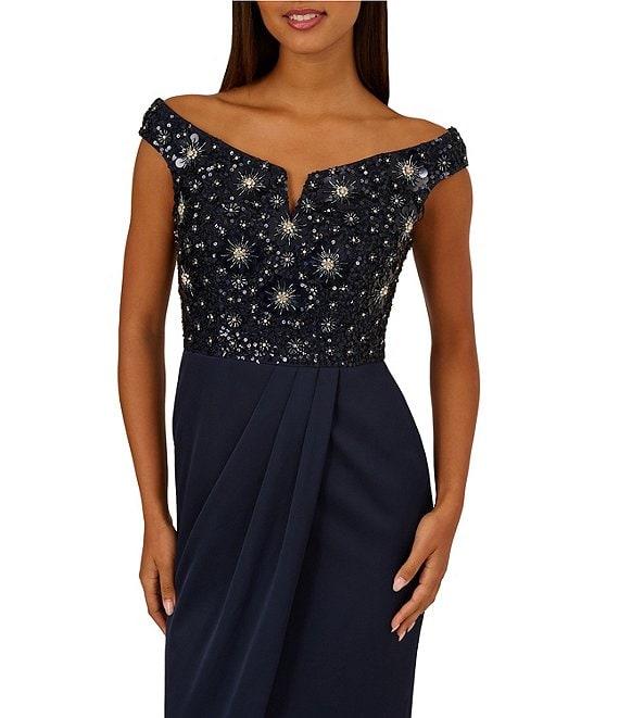 Aidan Mattox Beaded Mesh Off-The-Shoulder Cap Sleeve Satin Column Dress Product Image