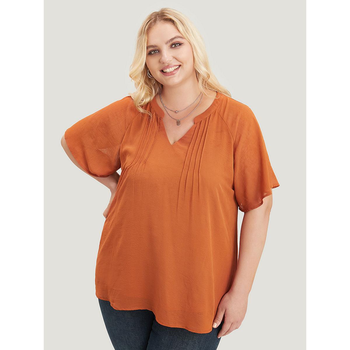 Plus Size Maroon Solid Notched Pleated Mesh Raglan Sleeve Blouse Women Casual Short sleeve V-neck Dailywear Blouses BloomChic 26/4X Product Image