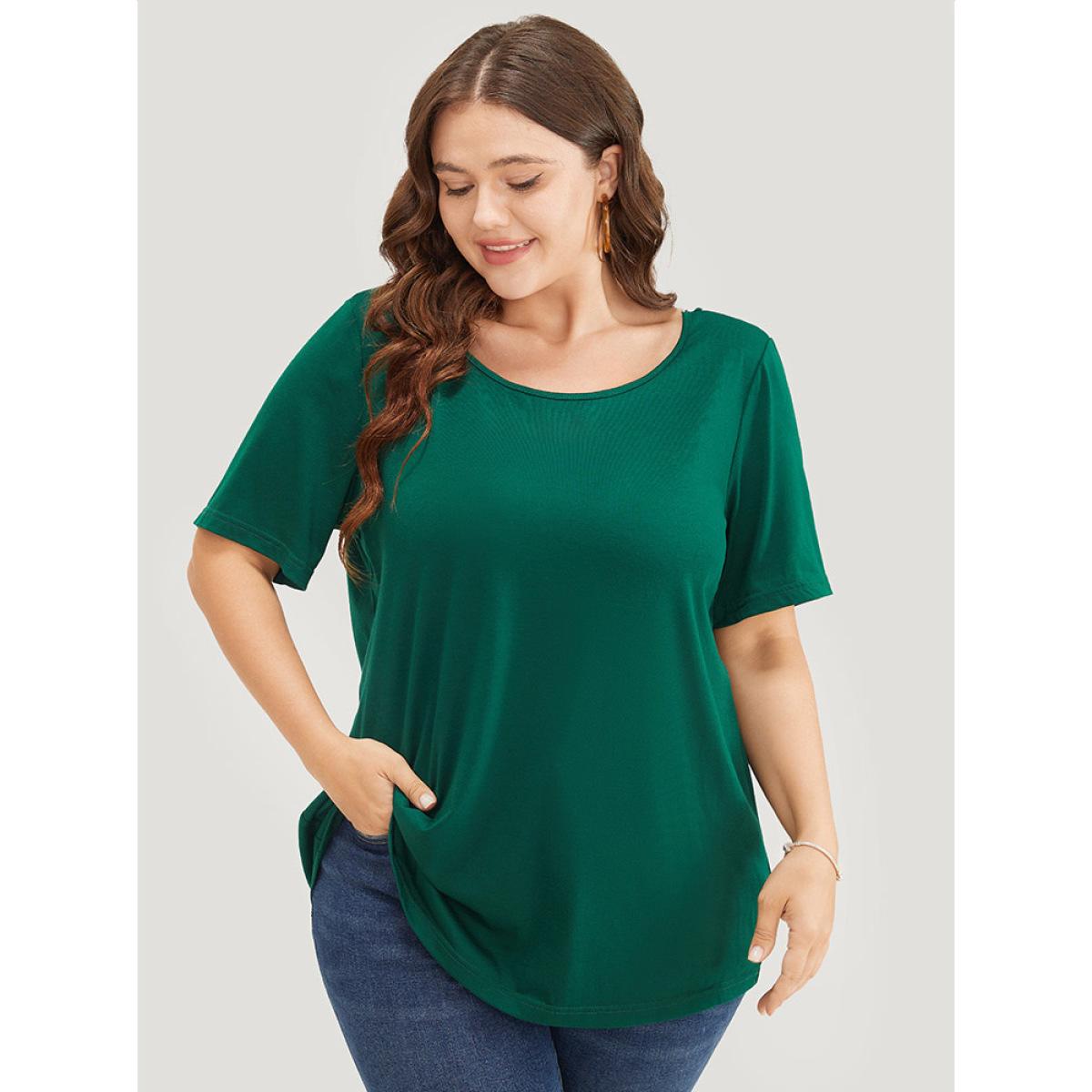 Plus Size Solid Contrast Lace Crisscross Back T-shirt DarkGreen Women Elegant Lace Plain Round Neck Dailywear T-shirts BloomChic 22-24/3X Product Image