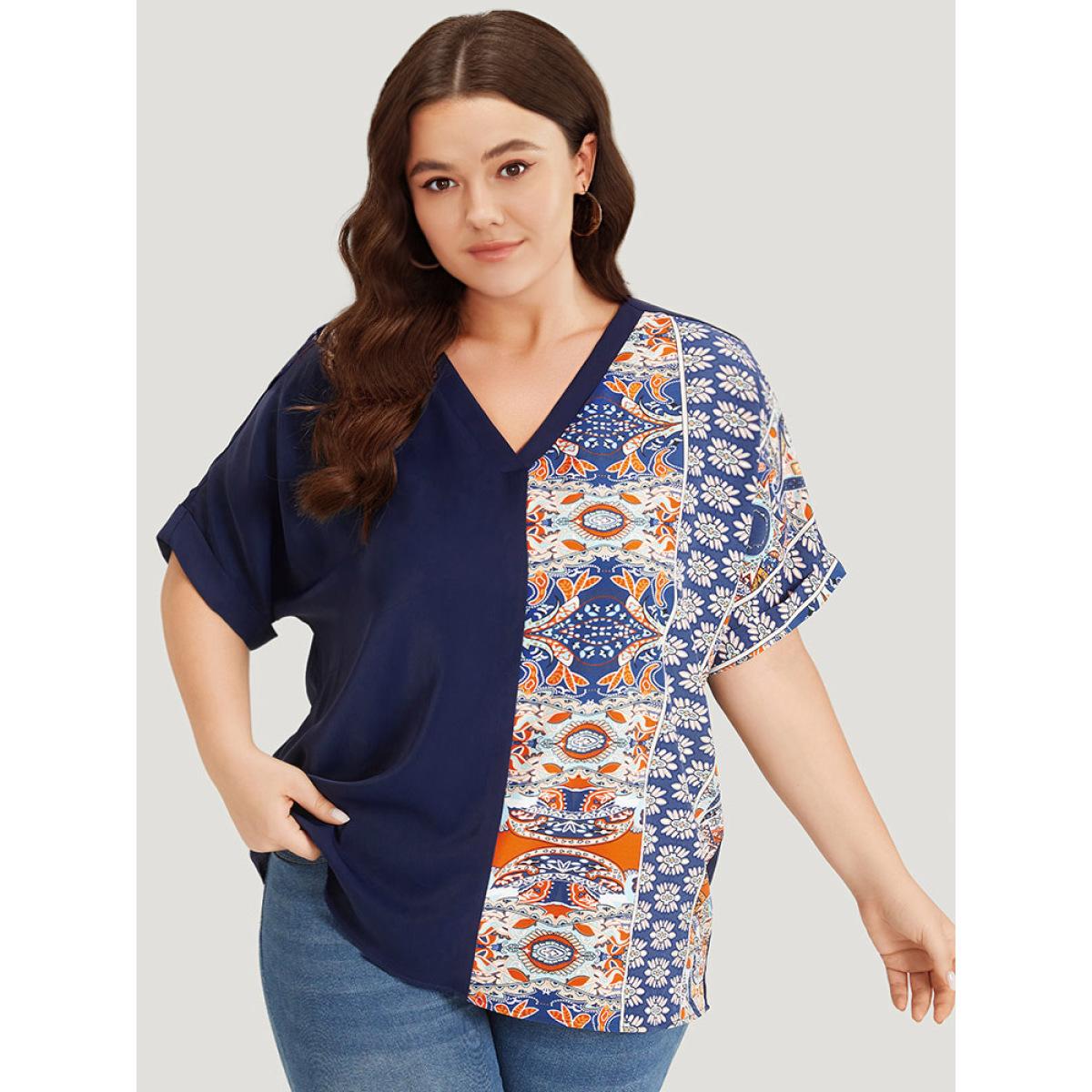 Plus Size Indigo Bandana Print Patchwork Contrast Roll Batwing Sleeve Blouse Women Vacation Short sleeve V-neck Dailywear Blouses BloomChic 28/5X Product Image