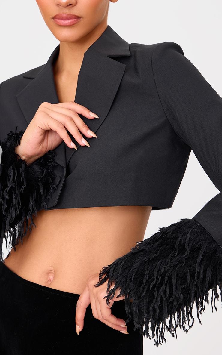 Black Faux Fur Cuff Detail Cropped Blazer Product Image