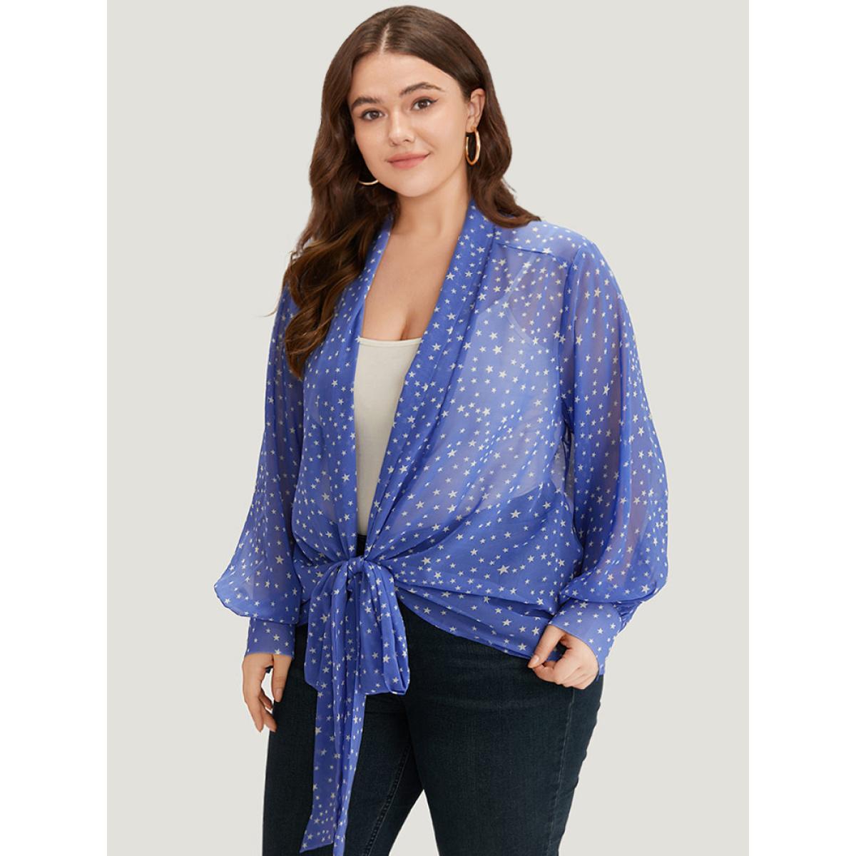 Plus Size UltraCool Star Print Lapel Collar Bowknot Kimono Women Blue Casual Drape Dailywear Kimonos BloomChic 14-16/1X Product Image